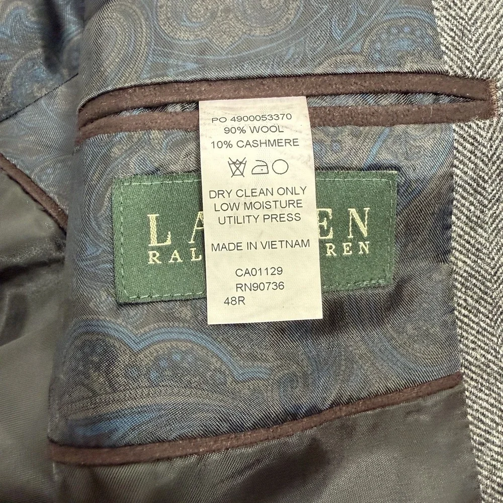 Lauren Ralph Lauren Blazer Mens 48R Gray Herringbone Wool Cashmere Paisley Lined
